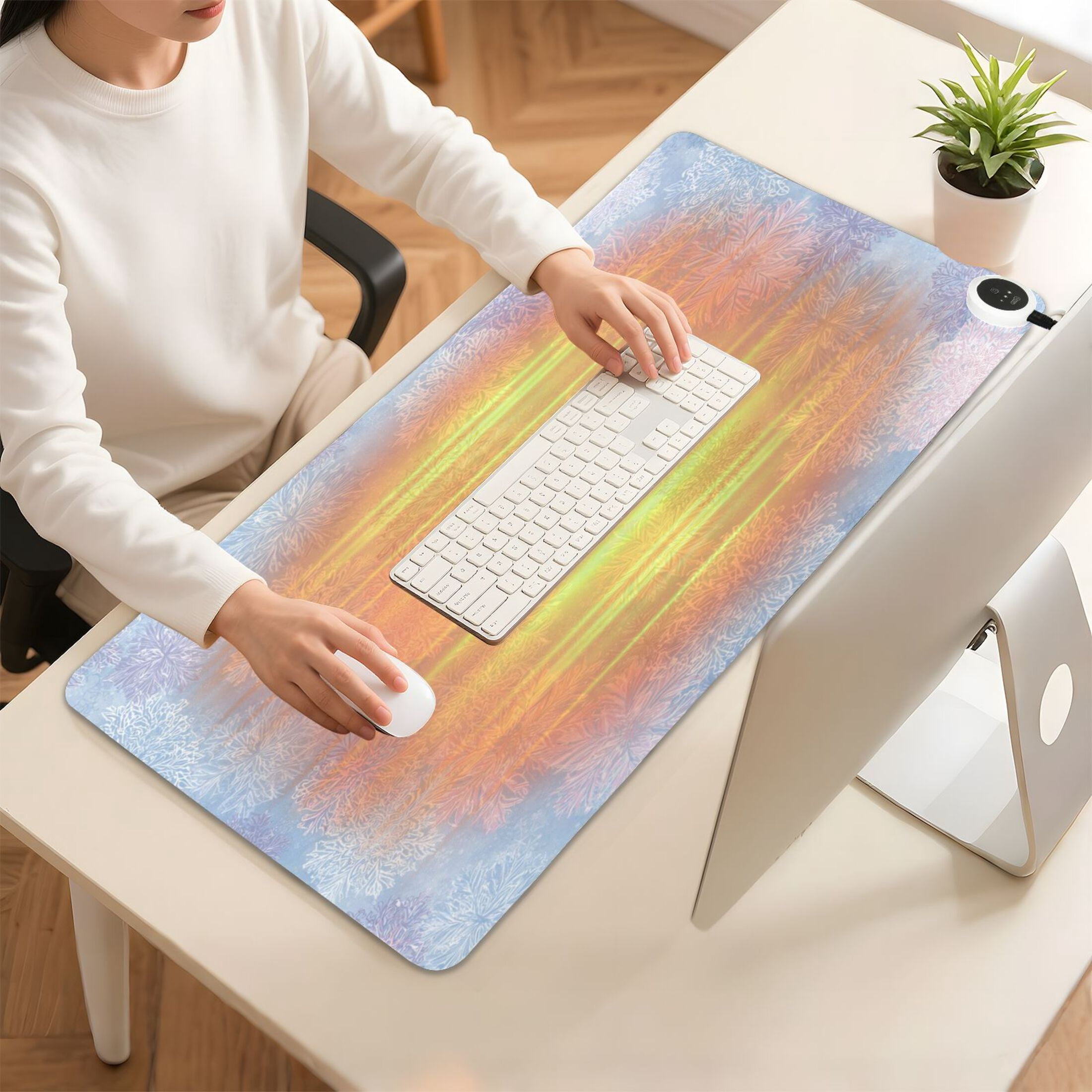 Large Heated Desk Mat Mouse Pad 31.5"x13"PU Leather Graphene Heating Desk Warmer with 3 Temperature Settings 110V US Plug Non-Slip Warm Pad for Home, Office, and Gaming Pale Blue Pink Snowflakes