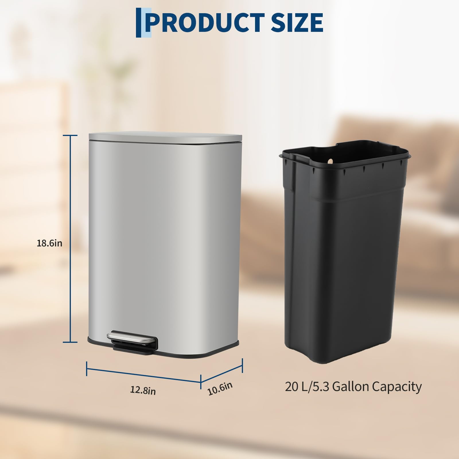 5.3 Gallon Stainless Steel Trash Can – Rectangular Garbage Bin with Soft-Close Lid, Foot Pedal, Removable Inner Bucket for Kitchen, Office, Restaurant - Silver