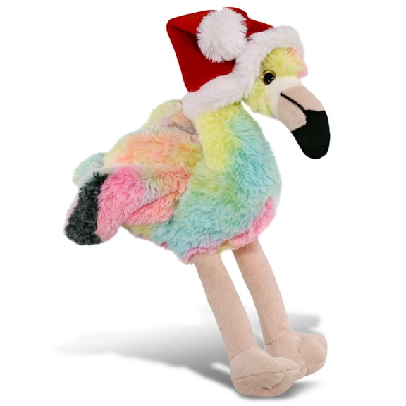 DolliBu Santa Rainbow Flamingo Stuffed Animal Plush Toy - Wild Animal Dress Up with Red Santa Claus Hat, Cute Wildlife Gift, Perfect Holiday Christmas Gift - 8 Inches