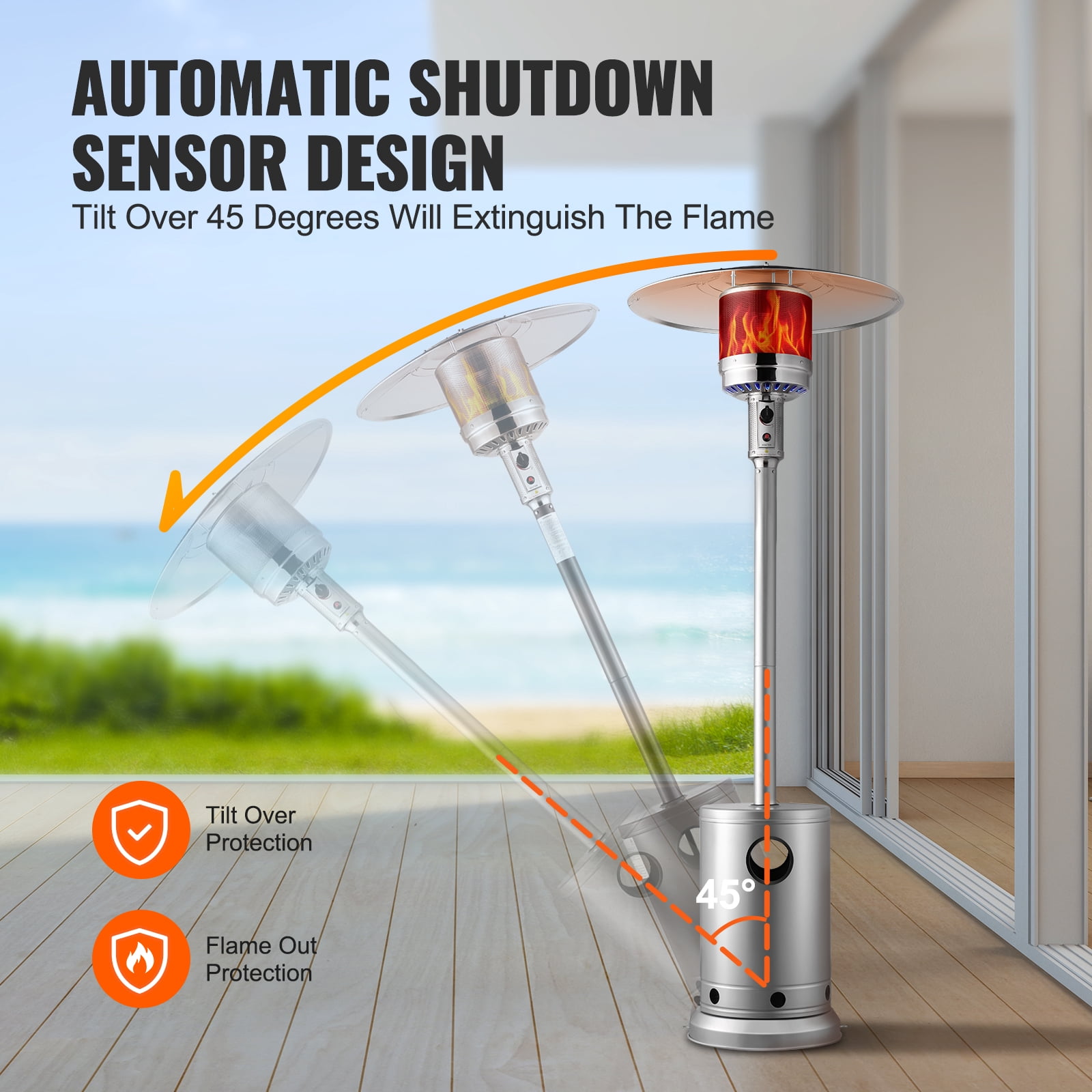 KFFKFF Outdoor Patio Heater, 50000BTU Propane Fueled, Tall Hammered Finish with Circular Table Feature, Durable Metal Burner & Wheels, Secure Outdoor Heating for Patio, Gatherings, Garden, Silver