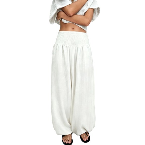 Sewkxo Womens Elastic High Waist Wide Leg Barrel Pants Flowy Baggy Balloon Trousers Summer Beach Pants,White M