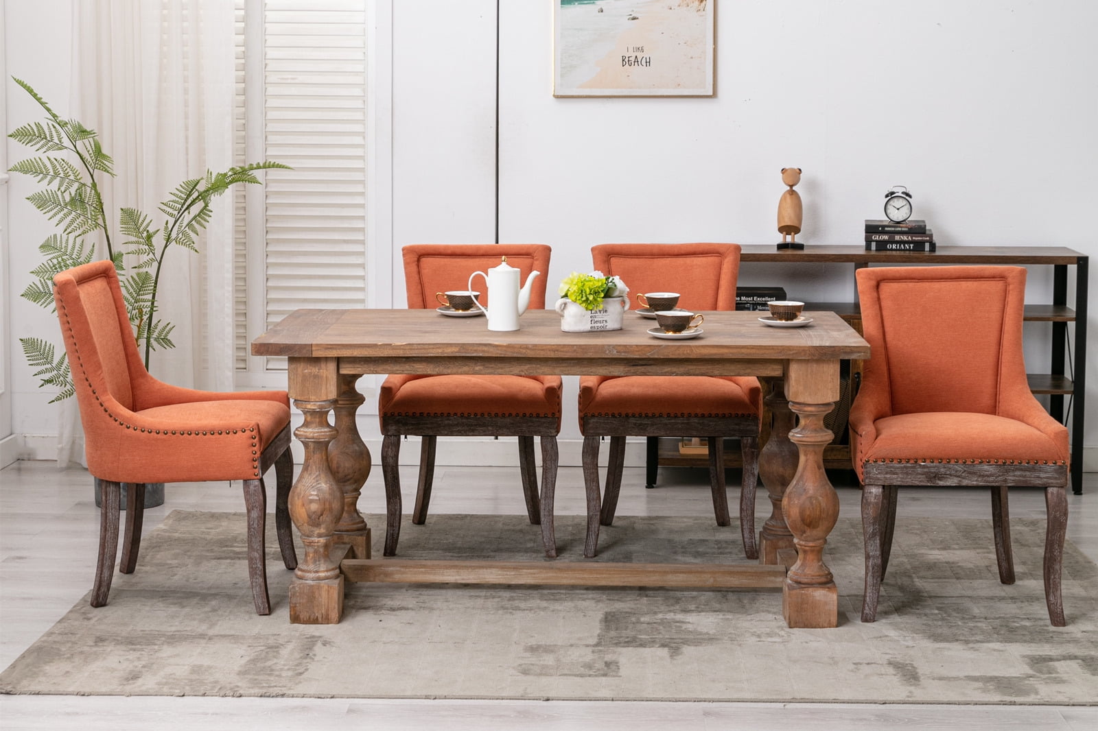 Elegant Button Tufted Side Dining Chairs, High-end Thickened Fabric Dining Chairs with Bronze Nail head, Solid Wood Dining Chairs for Kitchen Bedroom Dining Room (Orange,Set of 8)