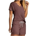 thumbnail image 2 of RYDCOT 2 Piece Sets for Women Summer Pajamas Set Womens Short Sleeve Loungewear Soft V Neck Tee Top and Shorts Sleepwear Matching Outfits Sets on Clearance Brown, 2 of 5