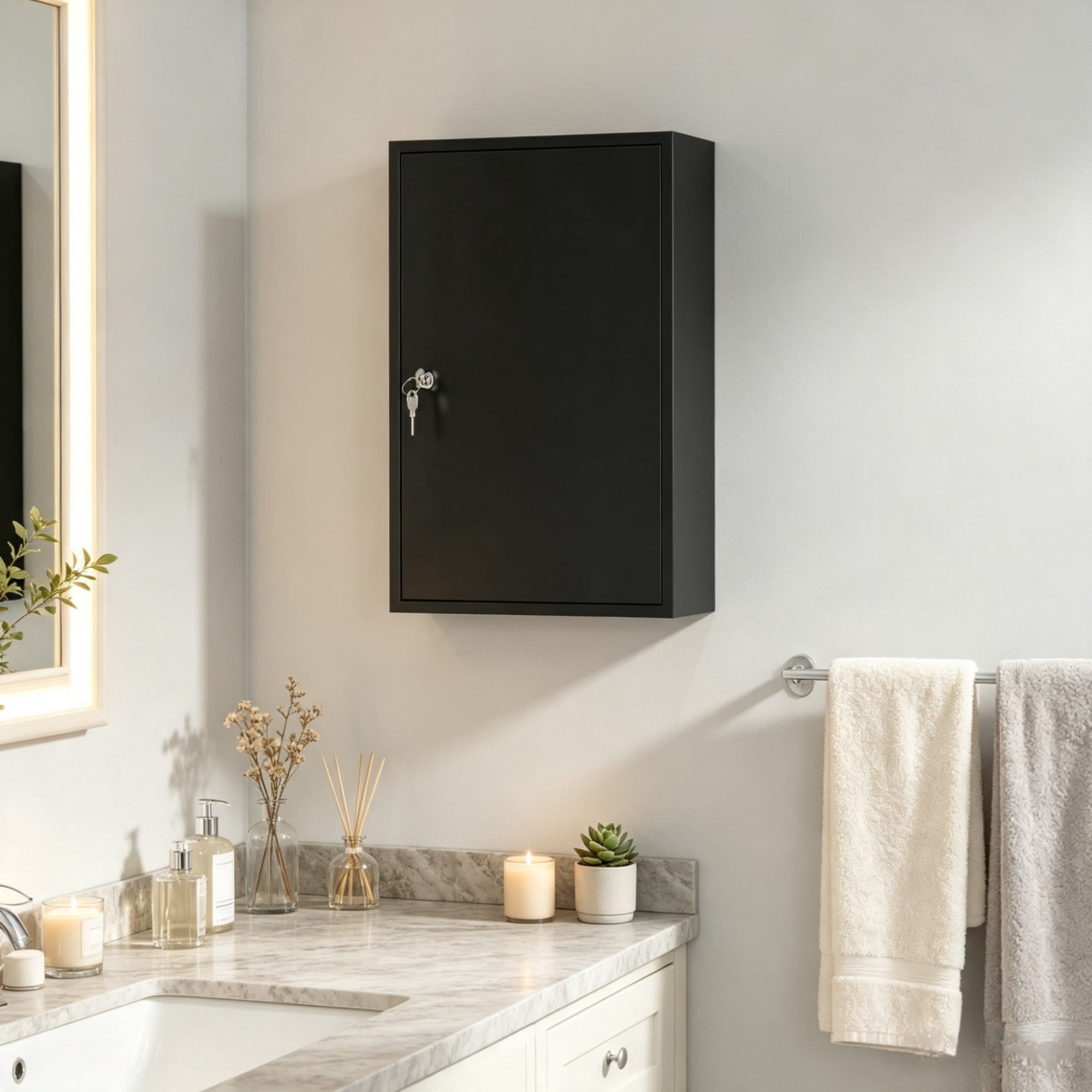 Wall Mount Medicine Cabinet, 3 Tier Shelves, 2 Lock Keys, 15.7" x 7.1" x 23.6" Bathroom Cabinet, Black