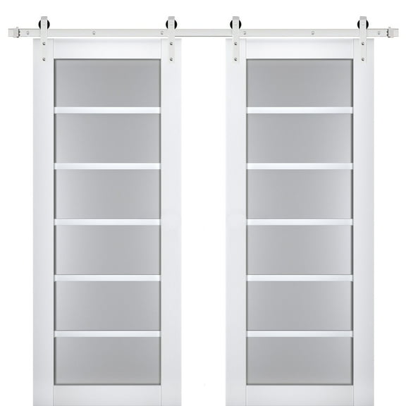 Sturdy Double Barn Door with Frosted Glass | Veregio 7602 White Silk | 13FT Rail Hangers Heavy Set | Solid Panel Interior Doors-36" x 96" (2* 18x96)-Silver Rail