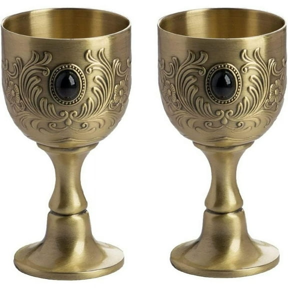 Hand-Made Vintage Pure Copper Engraving Flower Pattern Metal Embossed Wine Copper Gemstone Cups Goblet 1.7oz 2-Pack