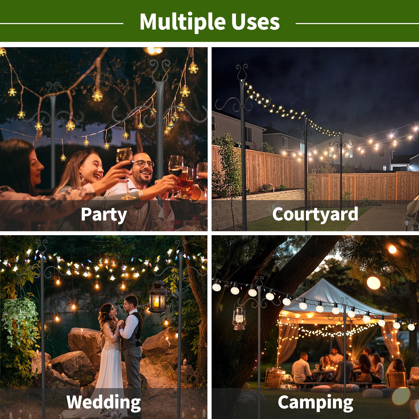 2-Pack 10-Foot Outdoor String Light Poles - Heavy-Duty Metal Patio Light Posts with Shepherd's Hooks for Hanging Lights, Plants & Bird Feeders
