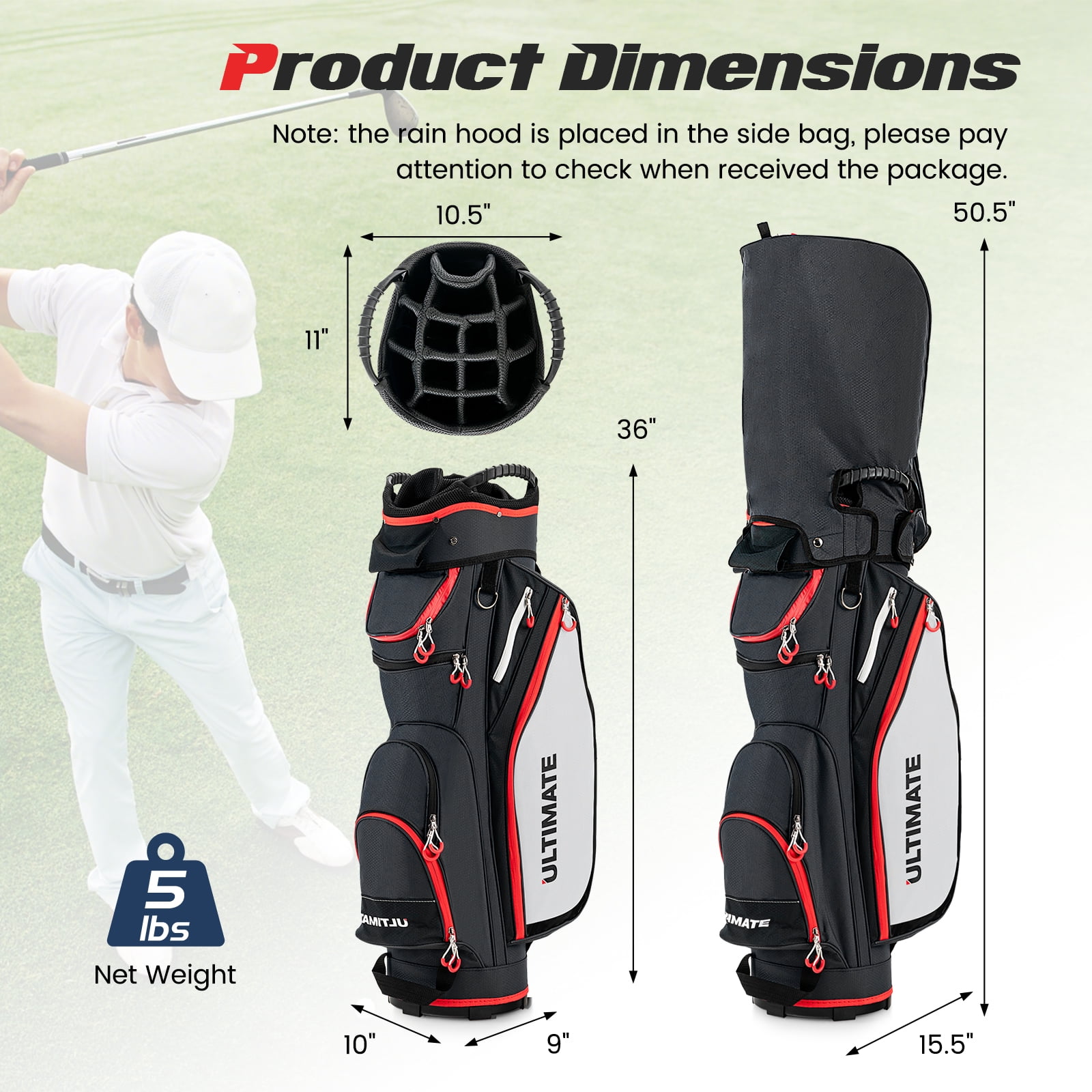 Topbuy Golf Cart Bag Lightweight Portable Golf Club Bag with 14-Way Dividers 8 Zippered Pockets Including Cooler Bag Rain Hood and Shoulder Strap for Men Women Black