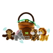 Plush Jungle Animals with Jungle House Carrier for Kids- 5pc- Talking Animal Interactive Toy Set- Stuffed Monkey, Lion, Tiger & Elephant