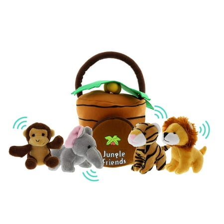 Plush Jungle Animals with Jungle House Carrier for Kids- 5pc- Talking Animal Interactive Toy Set- Stuffed Monkey, Lion, Tiger & Elephant