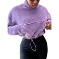 thumbnail image 2 of Seyurigaoka Women's Sherpa Plush Short Sweatshirts Solid Color Long Sleeve Stand Collar Drawstring Hem Pullover Tops with Pocket, 2 of 7