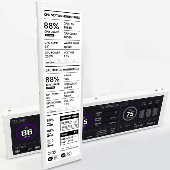 8.8inch Computer Temp Monitor (Dynamic Theme Supported), IPS Type C Secondary Screen CPU RAM HDD Data FPS White New