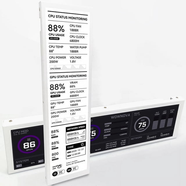 8.8inch Computer Temp Monitor (Dynamic Theme Supported), IPS Type C Secondary Screen CPU RAM HDD Data FPS Monitor White,1x Computer Temp Monitor Kit,White