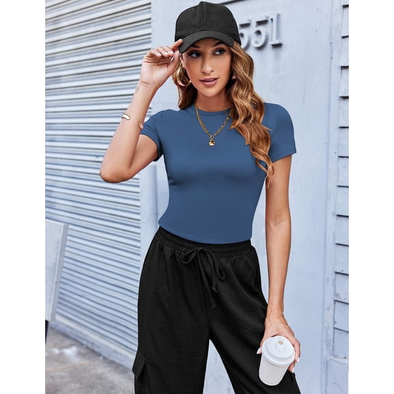 Zeagoo Women Crewneck Slim Fitted Short Sleeve T Shirts Cute Stretchy Bodycon Basic Tee Tops