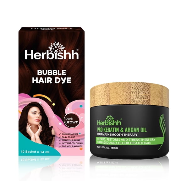 Herbishh Combo: Bubble Hair Dye Shampoo - Dark Brown & Argan Oil Hair Mask, 150ml | 3-in-1 Permanent Hair Color, 100% Gray Coverage, Ammonia-Free, Travel-Friendly