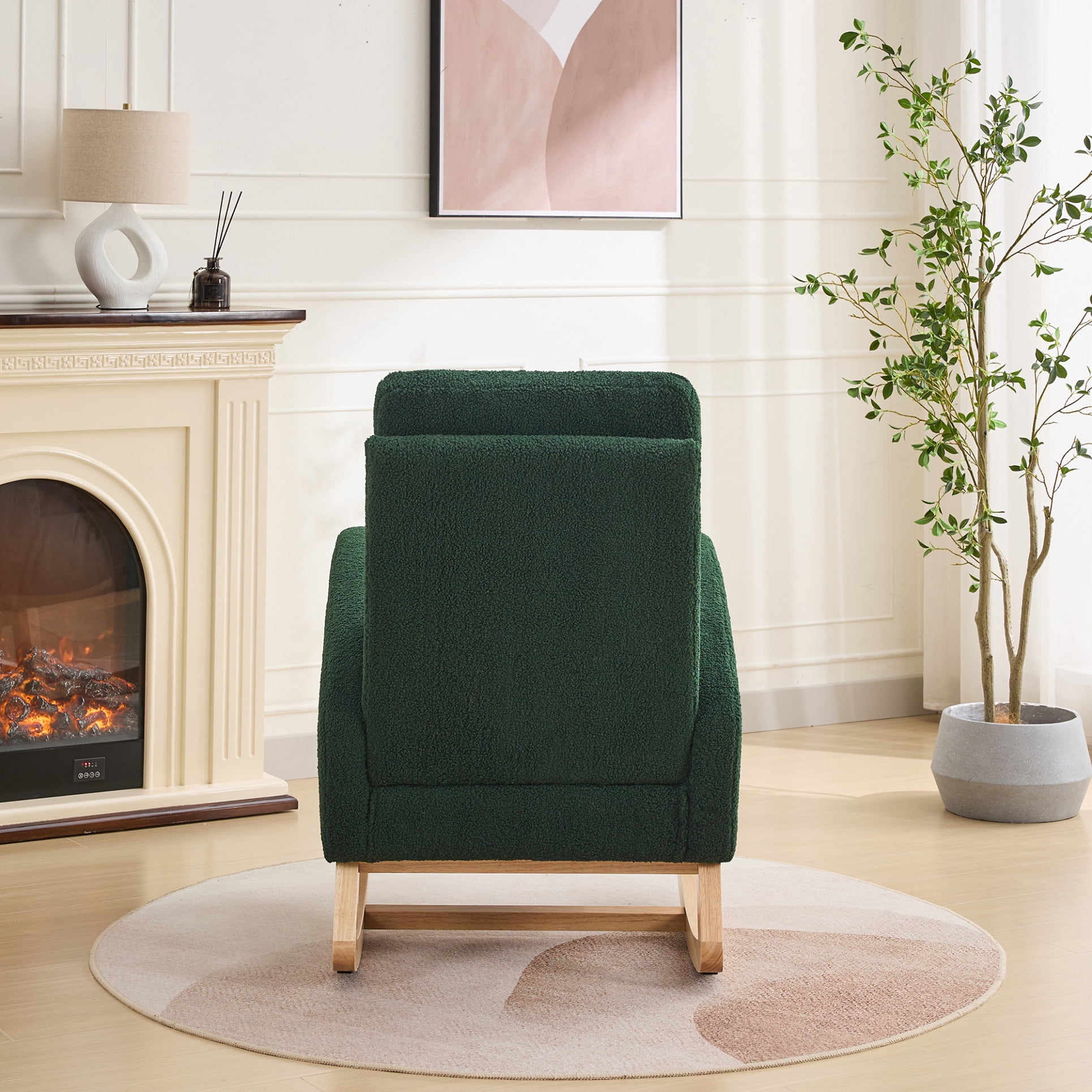 Nursery Rocking Chair with Sherpa Upholstery and Side Pockets, High Back Glider Armchair with Rubber Wood Legs for Bedroom or Living Room, Green