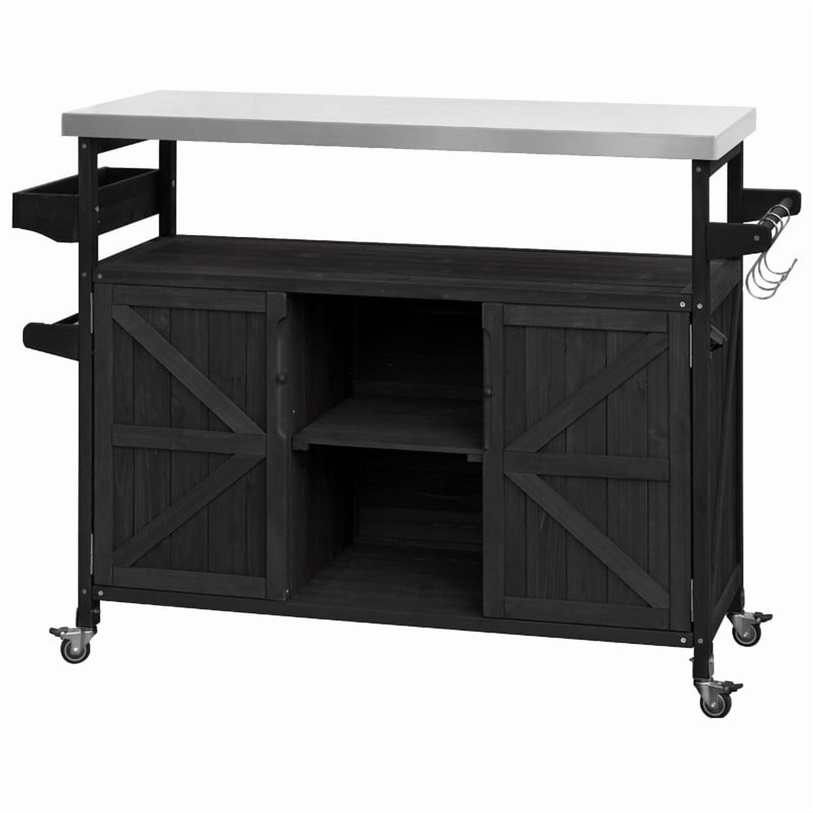Outdoor Kitchen Island with Stainless Steel Top, Wood Grill Cart Storage Cabinet with Adjustable Shelf, Outdoor Grill Table with Spice Rack & Towel Rack