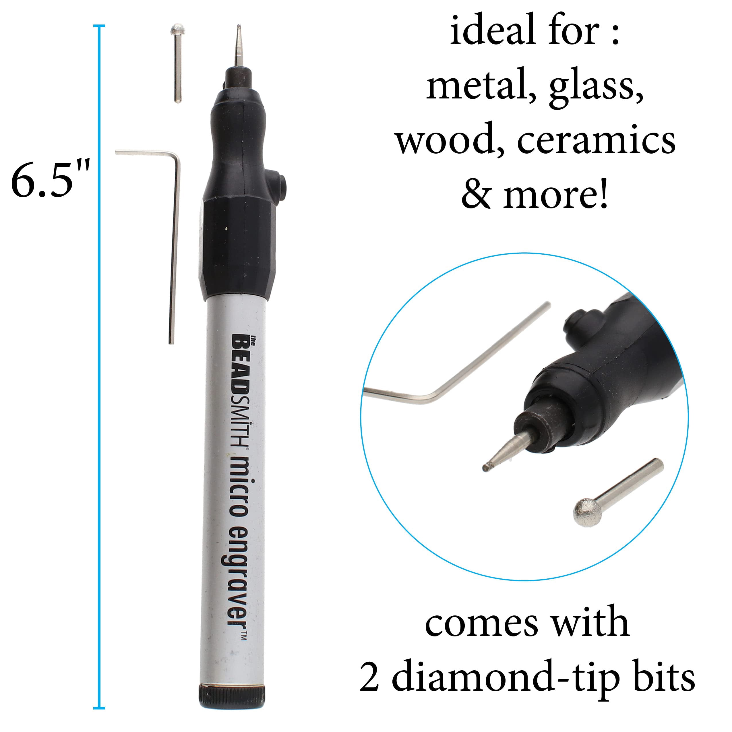 The Beadsmith Engraver Set - Battery Operated Micro Engraver & 2 Round Diamond-Tip Bits – 10-Piece Diamond Tip Bits – Ideal for Engraving, Polishing & Sanding on Metal, Glass, Wood, Ceramics & More