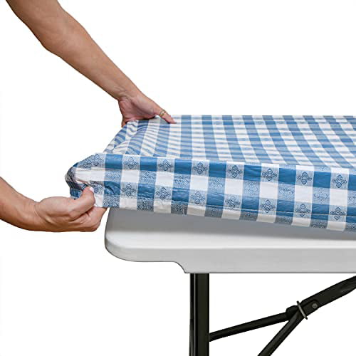 Picnic Table Cover 52" x 70" Plastic Flannel back Tablecloth Bonus 4 Table Clips 