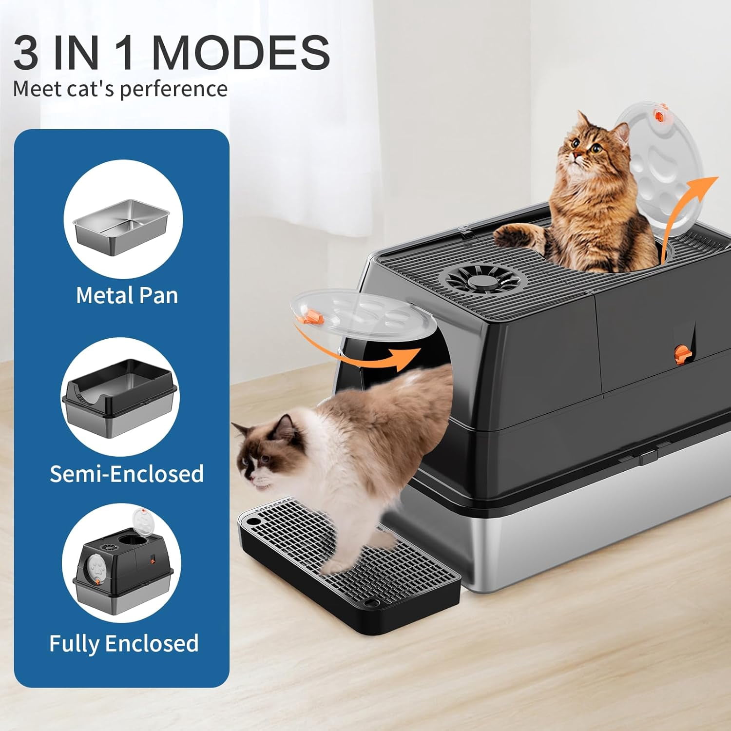 PetWhole Extra Large Stainless Steel Enclosed Cat Litter Box with Accessories, Black