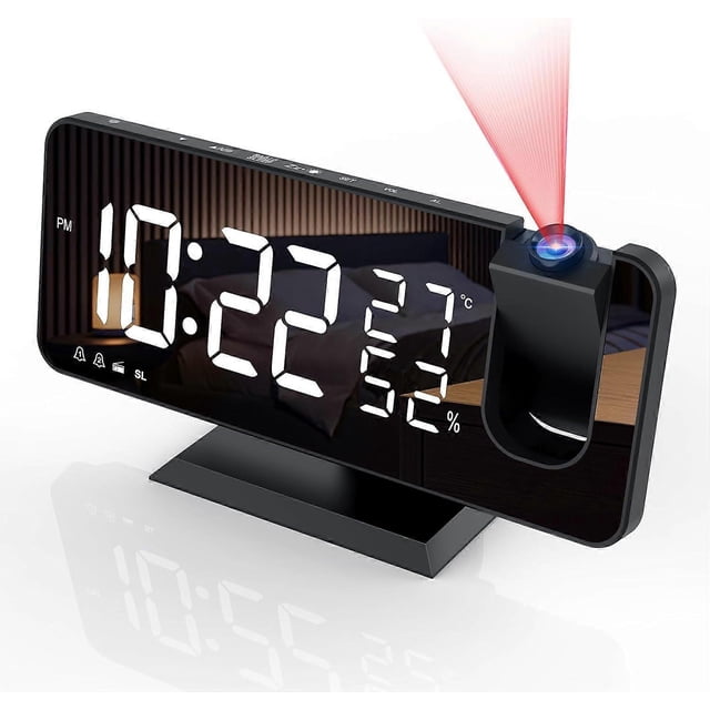 Projector Alarm Clock with Radio, Digital Clock, USB Alarm Clock Radio with Dual Alarm and 7 LED Mirror Screen, Snooze, 4 Brightness Levels, 12/24h, 1