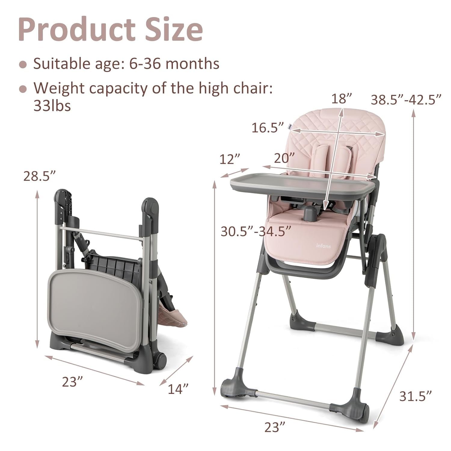 INFANS Baby High Chair, Convertible Quick Folding Portable Highchair for Babies and Toddlers with Adjustable Height Backrest Footrest 2 Wheels Removable Tray, Easy to Clean PU Seat