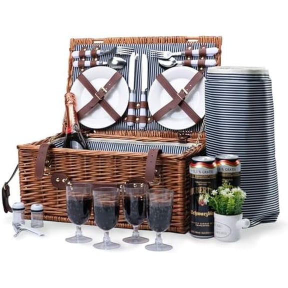 Wicker Picnic Basket for 4 with Waterproof Picnic Blanket, Large Insulated Cooler Compartment, Wine Bag,Cutlery Set,for Camping,Day Travel,Beach,Hiking,BBQ and Family/Couples Gifts$$Garden & Patio