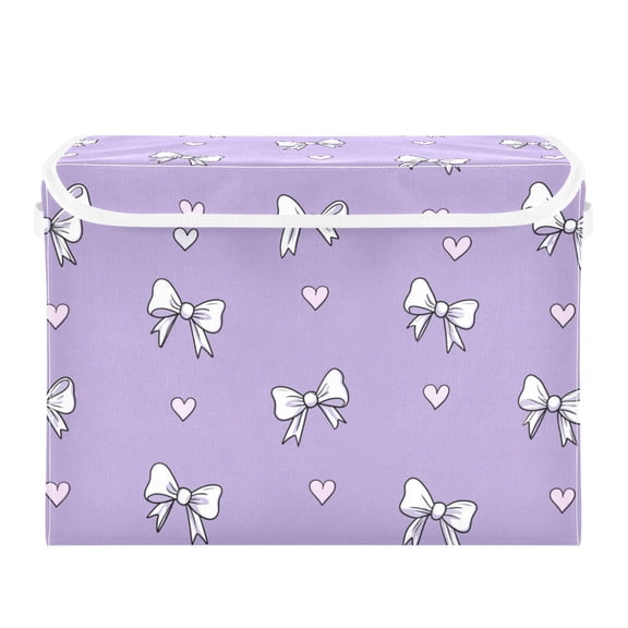 White Bows Lavender Hearts Valentine Foldable Storage Bins with Lids Handles Collapsible Storage Containers Tote Boxes 16.5 x 12.6 x 11.8 inches