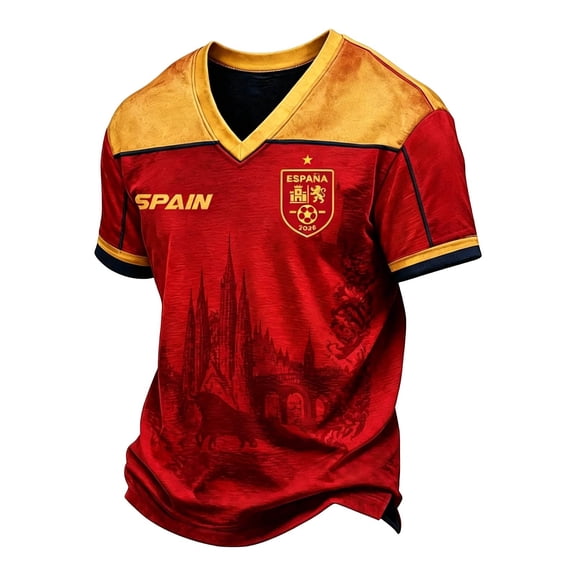 SJLDQY Mens Spain Fans Soccer Tshirts Short Sleeve International Football T-Shirts for Men Casual V Neck Spanish Letter Graphic Breathable Athletic Tops