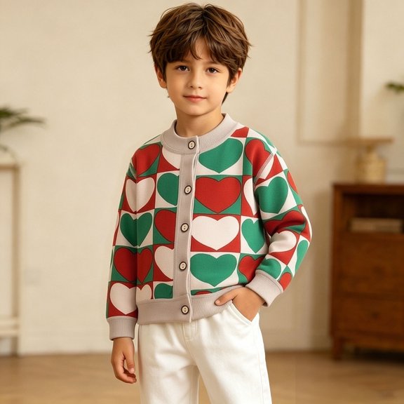 Crunowin Boys Knit Cardigans Color Block Print Round Neck Spring Fall Lightweight Comfort Sweaters Red Size 7-8 Years