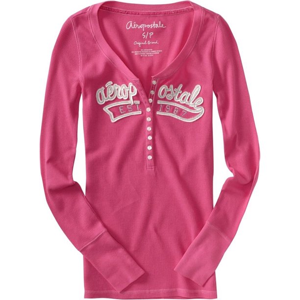 Aeropostale Camiseta Henley Térmica de Manga Larga para Mujer, Rosa, XS