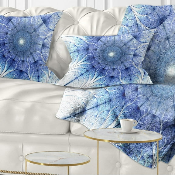 Designart Symmetrical Blue Fractal Flower on White - Abstract Throw Pillow - 12x20