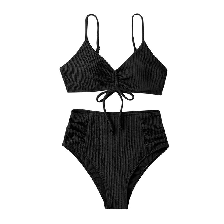 JDEFEG Bathing Suits Two Piece Shorts Womens Summer Solid Bikini Swimsuit  High Waist Drawstring Bikini Set Cover Ups for Girls Size 14-16 Black M