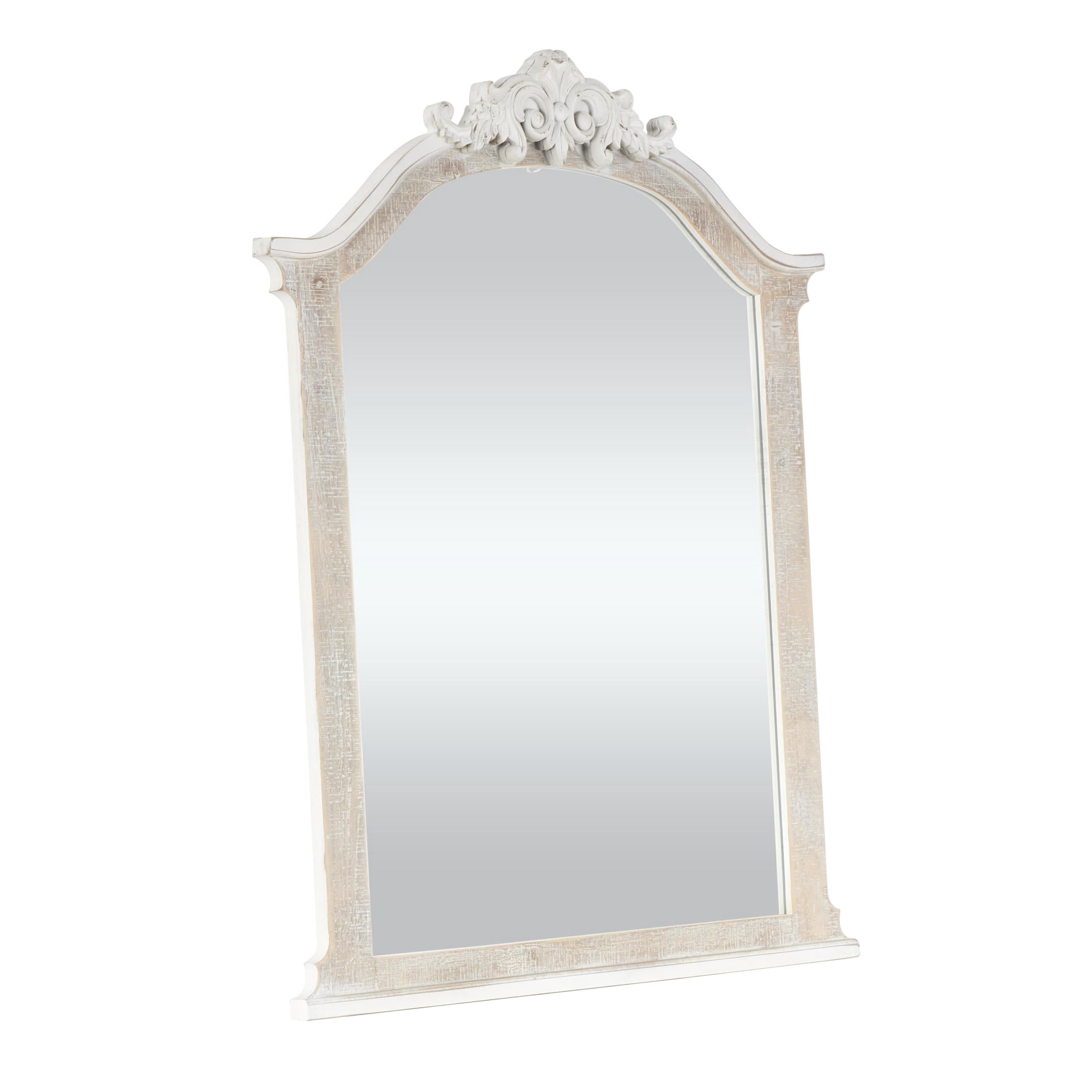 DecMode 28" x 37" Cream Arched Scroll Fleur De Lis Wall Mirror with Brown Distressing