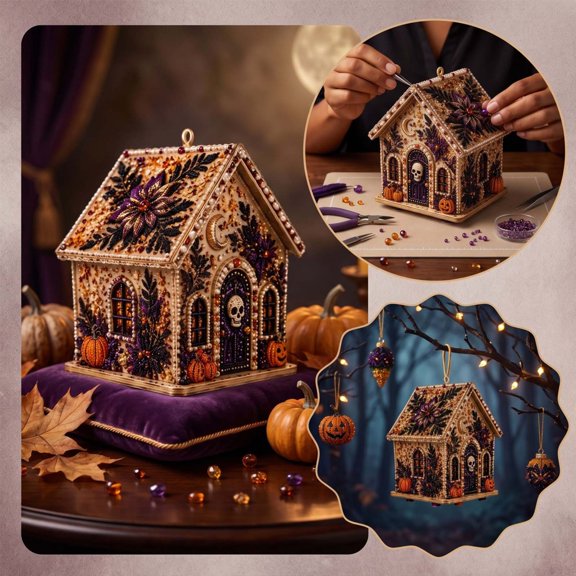 syligr Halloween Diamond Art Kit for Adult, Spooky House Pearl Art Kits for Tree Decorations, Hanging Decor for Mantel Shelf, DIY Craft Home Deocr, Halloween Party Favors, Unique Gift