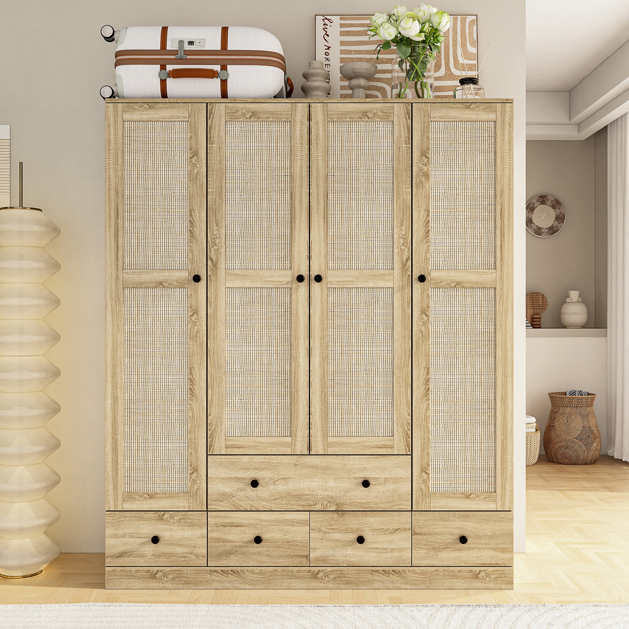FUFU&GAGA 4 Door Rattan Bedroom Armoire with Drawers and Hanging Rod