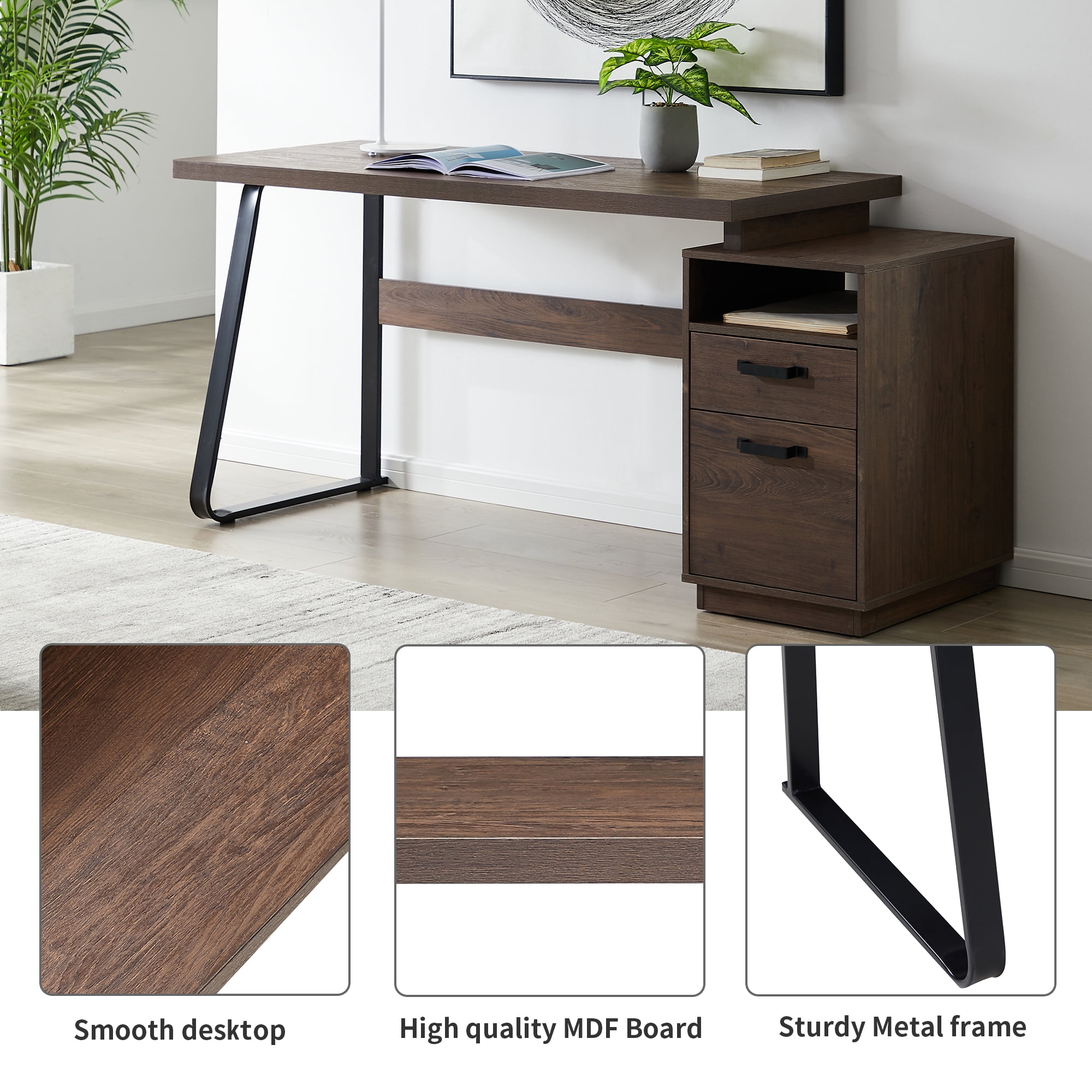 Kepooman 65" Modern MDF Computer Desk with Drawers for Hanging Letter-size Fiiles, Brown Kepooman 65" Modern MDF Computer Desk with Drawers for Hanging Letter-size Fiiles, Brown