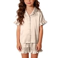 thumbnail image 4 of Cethrio Girls' Pajama Sets, Short Sleeve Casual 3-piece Lapel Collar Girls' Sleepwear Beige Size 7-8, 4 of 8