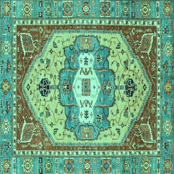 Ahgly Company Machine Washable Indoor Square Abstract Turquoise Blue Modern Area Rugs, 8' Square