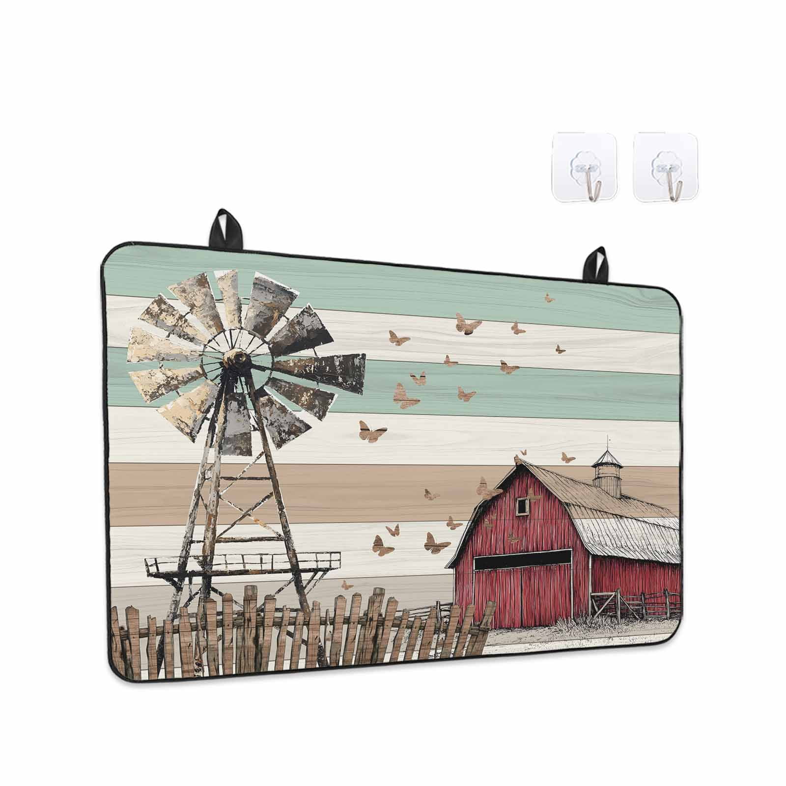 Windmill Farmhouse Stove Top Cover for Electric Stove, Heat-proof & Non Slip Glass Top Stove Cover Protector, Vintage Teal Brown Wooden Butterfly Kitchen Flat Cooktop Rubber Mat 24x21 Inches