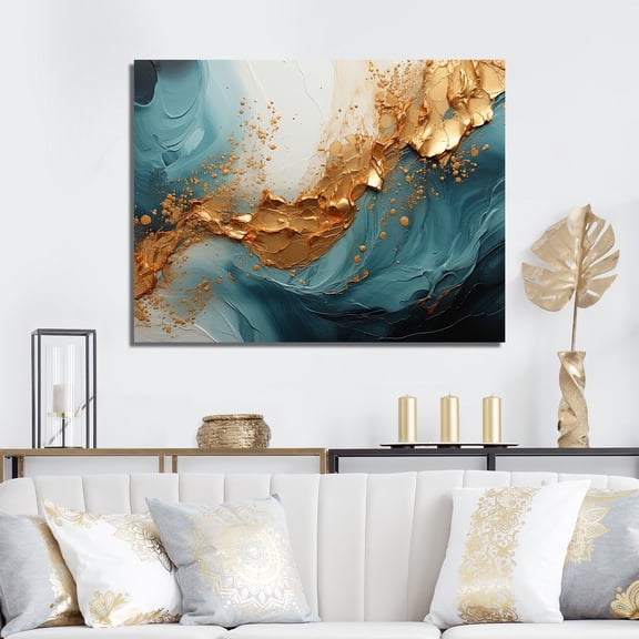 Designart "Ocean Spiral In Gold And Teal" Abstract Spirals Wall Art Prints