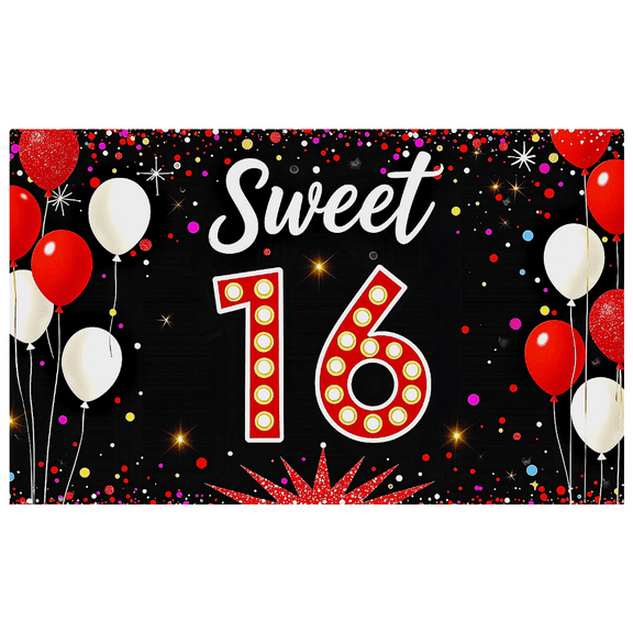 Sweet 16 Birthday Banner with Balloons Glitter and Sparkles Backdrop Party Decorations for Birthday Party Celebrations Photography Props Party Supplies