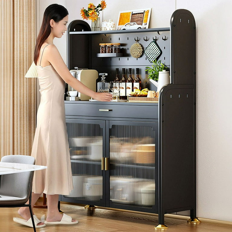 65 Kitchen Storage Pantry Cabinet Buffet Sideboard Modern Coffee Bar Microwave Stand Metal Organizer with Large Countertop 3 Tier Freestanding