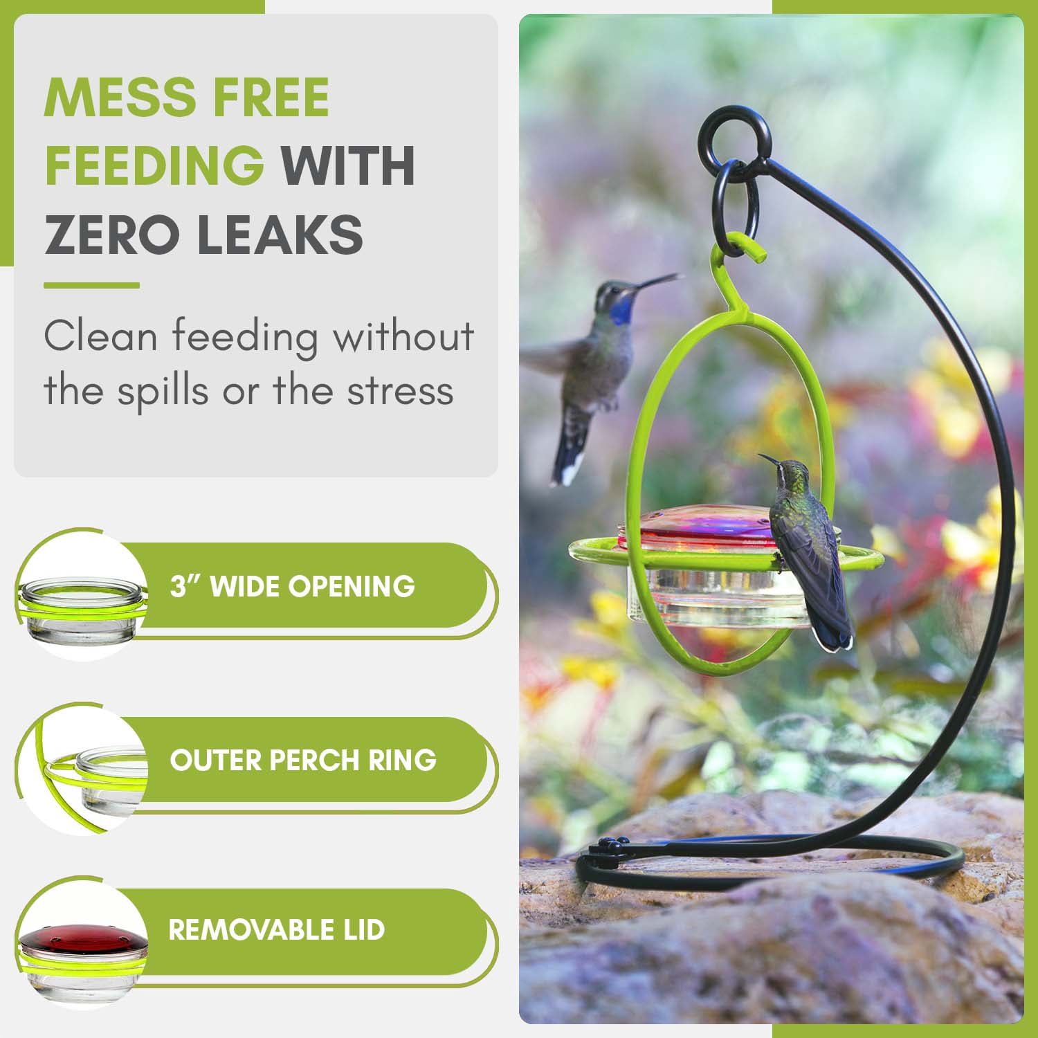 Mosaic Birds Recycled Glass and Metal Hummingbird Feeder for Outdoors - Hanging Bird Decor for Gardens - Lime Green