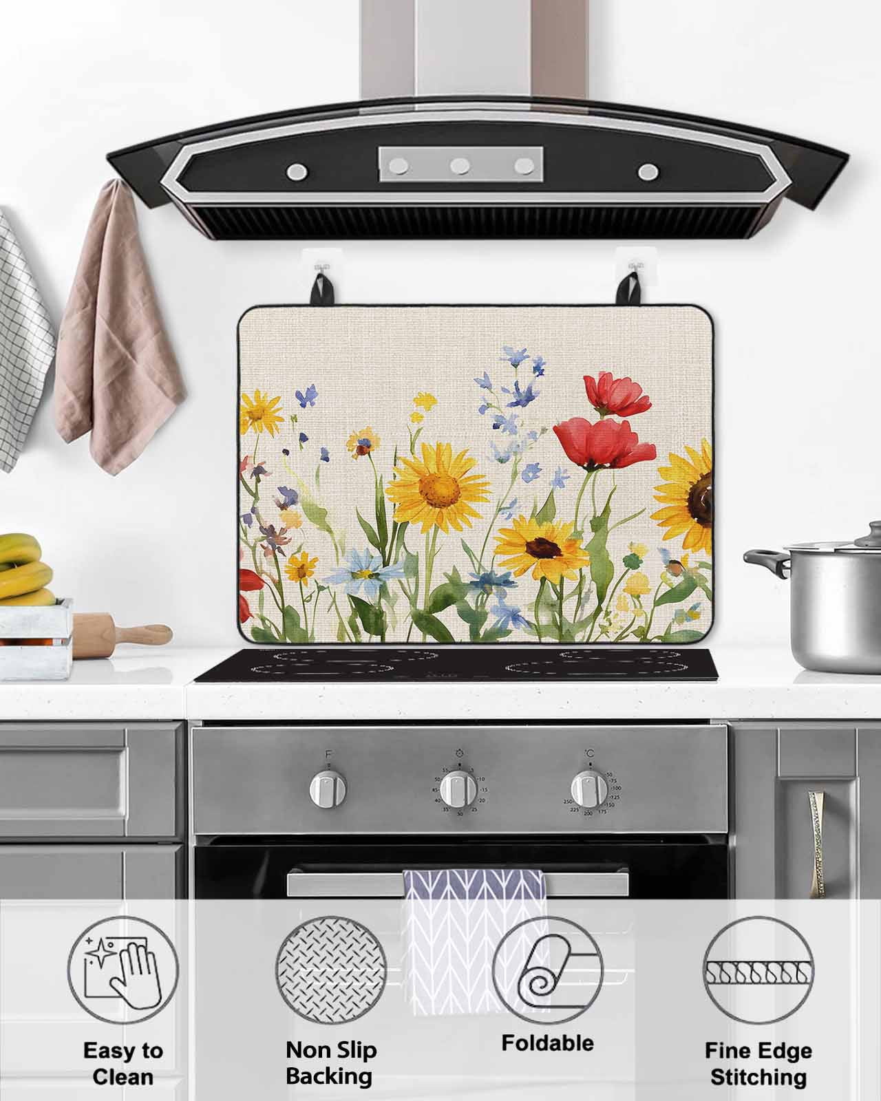 nqOlkjepod Large Induction Cooktop Protector Mat 36"x21", Colorful Floral Stove Top Covers for Electric Stove, Summer Pastoral Botanical Decorative Stove Burner Cover Mats, Glass Top Stove Cover