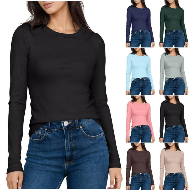 Yuyuzo Long Sleeve Shirts Womens Crew Neck Slim Fitted Bade Layer Tee Shirts Solid Color Comfy Fall Basic Clothes