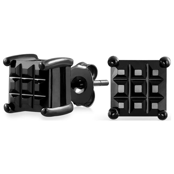 Noir sur noir Invisible Coupe Carré CZ Checkboard Cubique Zircone Broche Panier Ensemble Boucles d'Oreilles en Argent Sterling