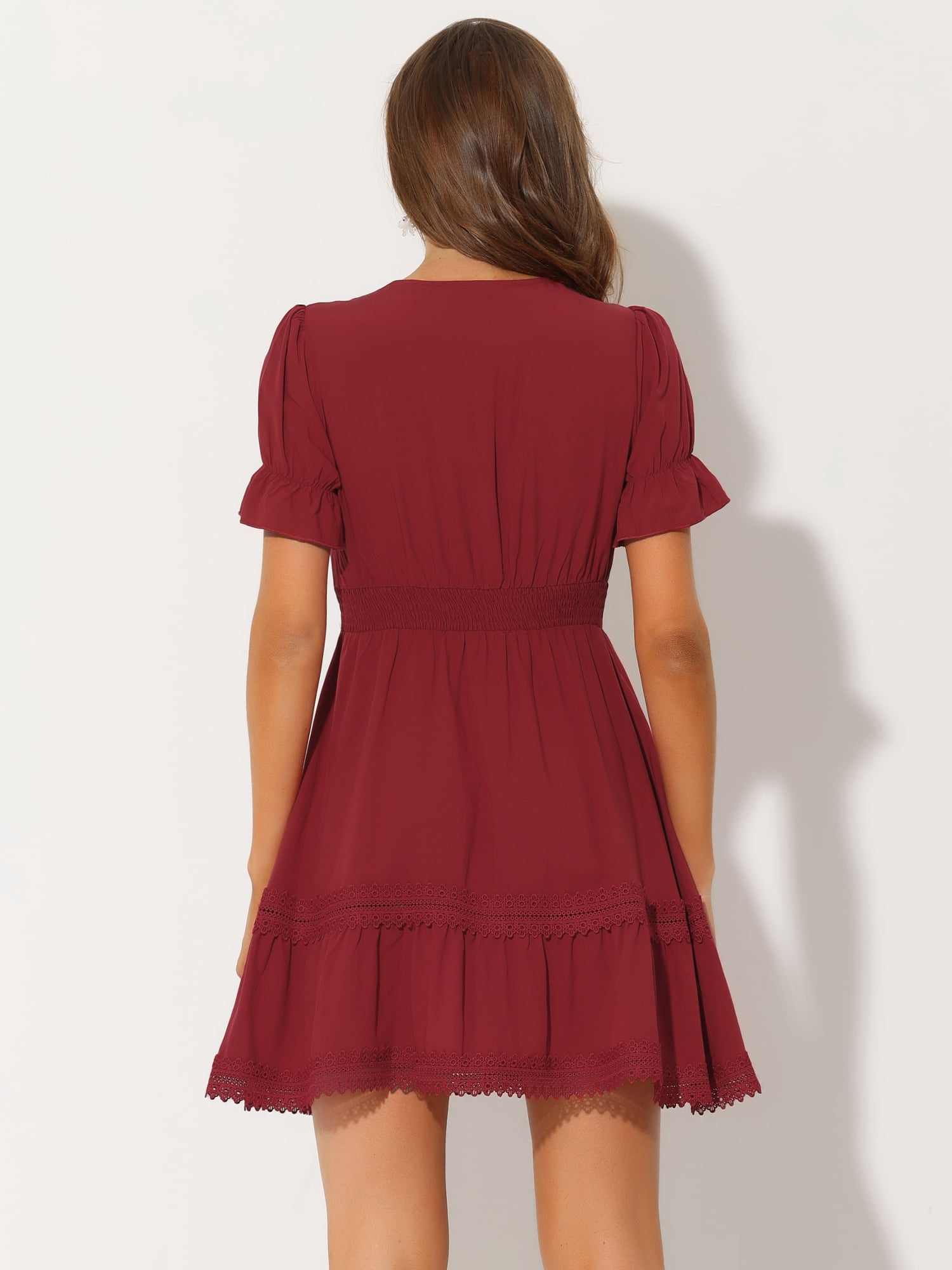 DARING DIVA V Neck Smocked Elastic Waist Short Sleeve Mini Dress XL Red