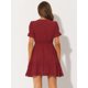 thumbnail image 4 of Mini vestido sólido de manga corta con cuello en V y cintura elástica para mujer Rojo M, 4 of 5