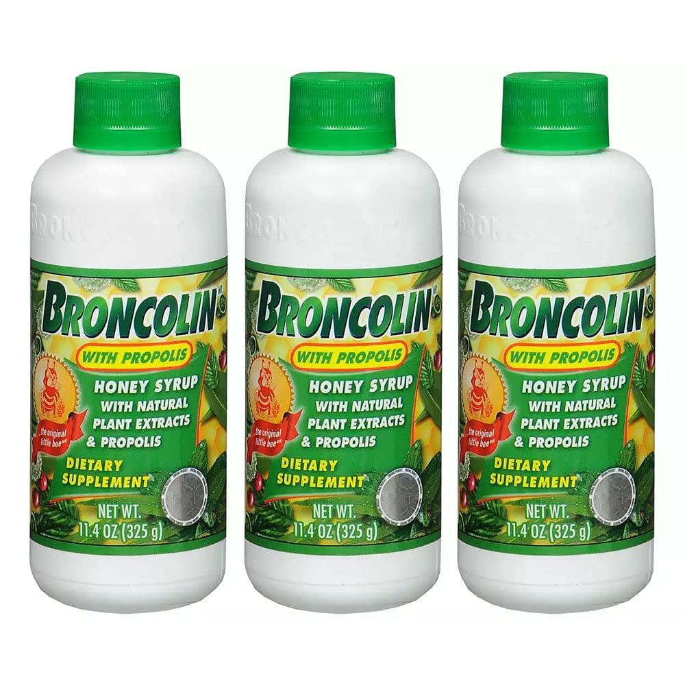 Broncolin Honey Cough Relief Syrup with Natural Plant Extracts Dietary Supplement, Regular 11.4 oz (Pack of 3)
